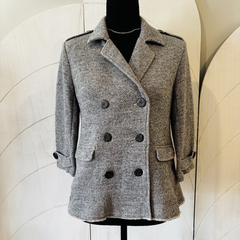 CAbi Gray Shrunken Pea Coat Double Breasted Anchor Button Jacket Size Small
